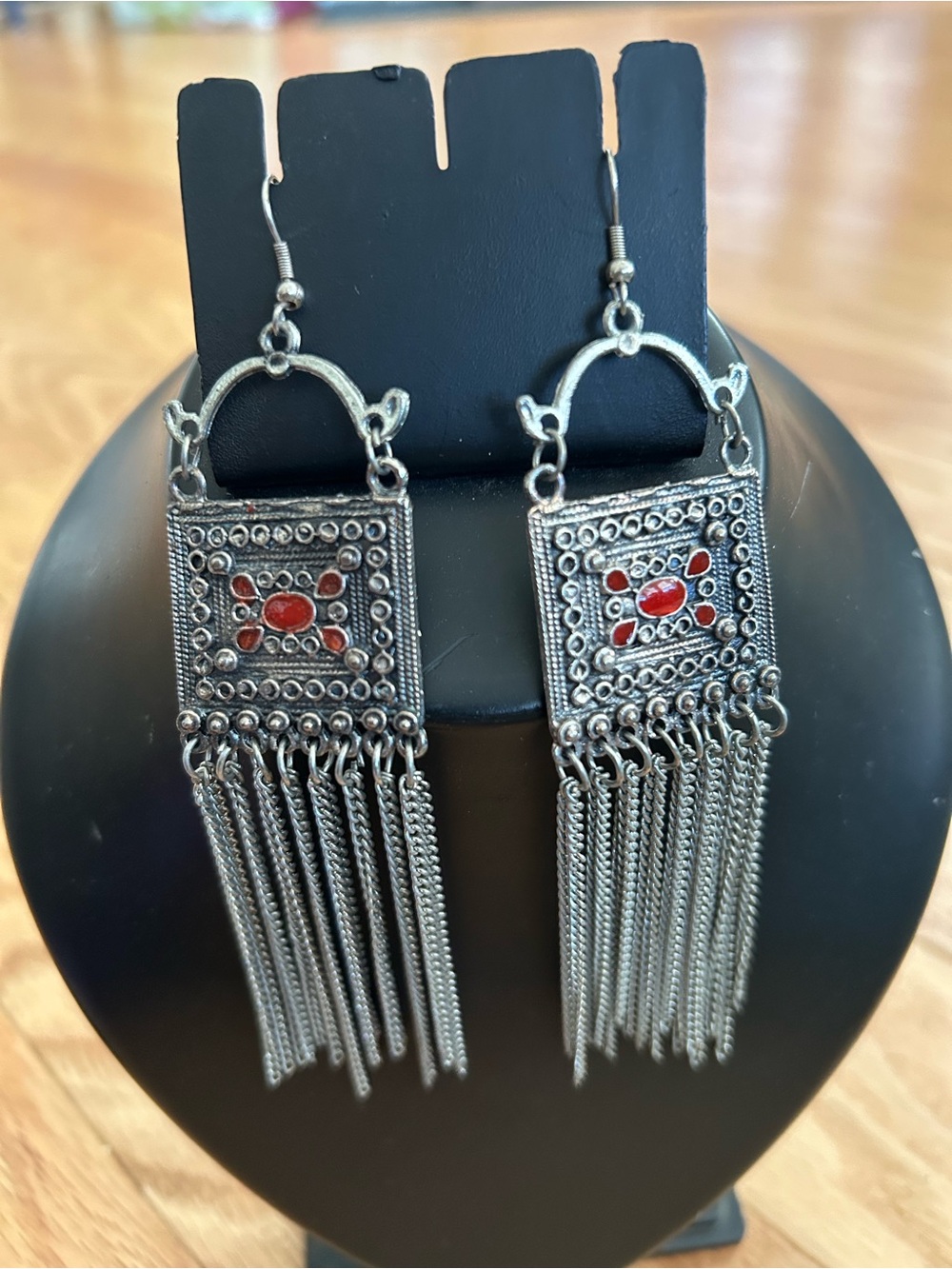 Red Stone Silver-Tone Tassel Drop Earrings - Women Jewelry